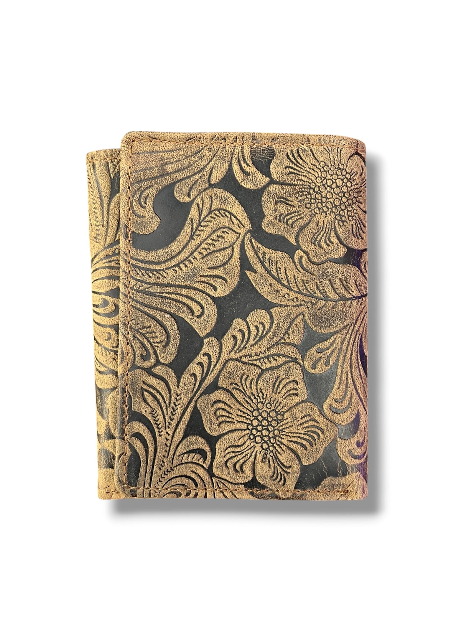 Tan Leather Tooled Trifold Wallet                 #3002W